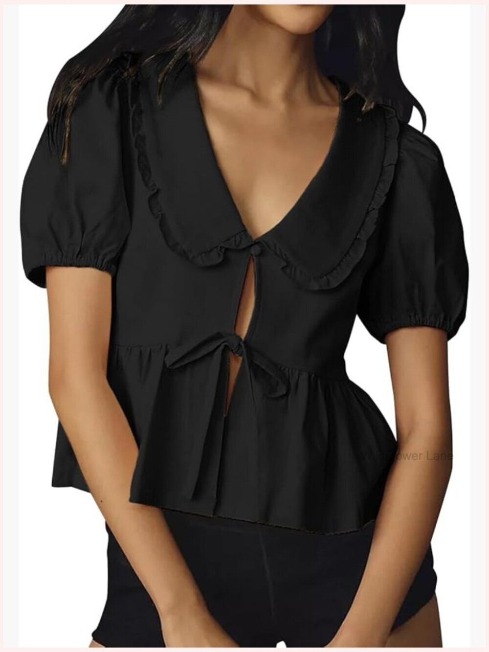 Peter Pan Collar Babydoll Blouse Puff Short Sleeve Tie Front Peplum Top